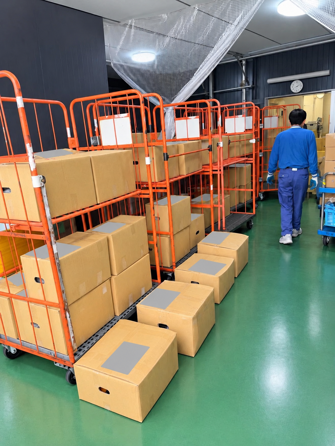 Cartons arranged on handling carts